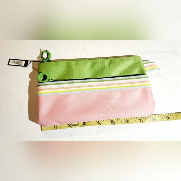 Sephora Ivy green pink stripes divider pocket front pocket signed hardware pouch - Picture 3 of 8